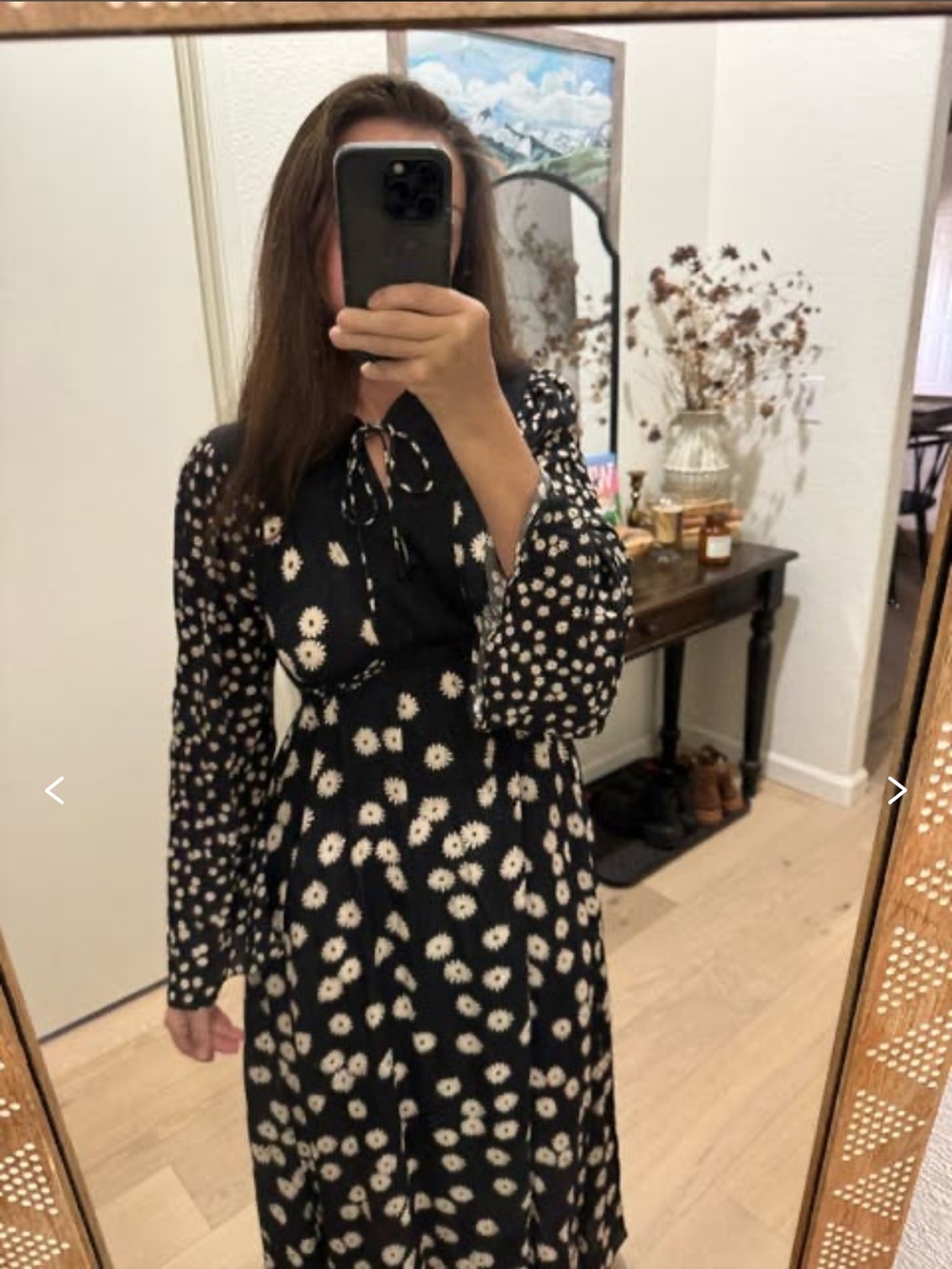 RIXO Anela Tie Neck Midi Dress Black Daisy Floral